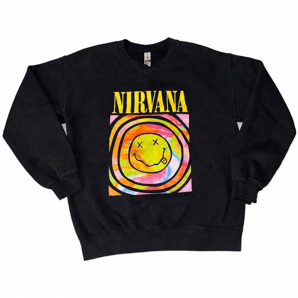 Nirvana Sweatshirt Medium Black Smiley Spiral Graphic Crewneck Gildan - Picture 2 of 4